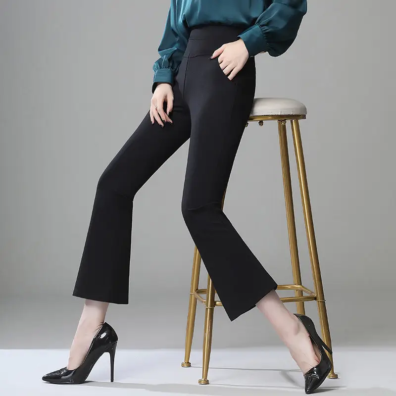 Women Fleece-lined Micro Flared Pants Black High Waist - Image 4