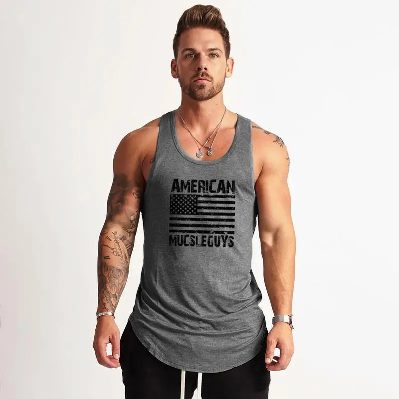 Men's Gray American Flag Muscle Vest