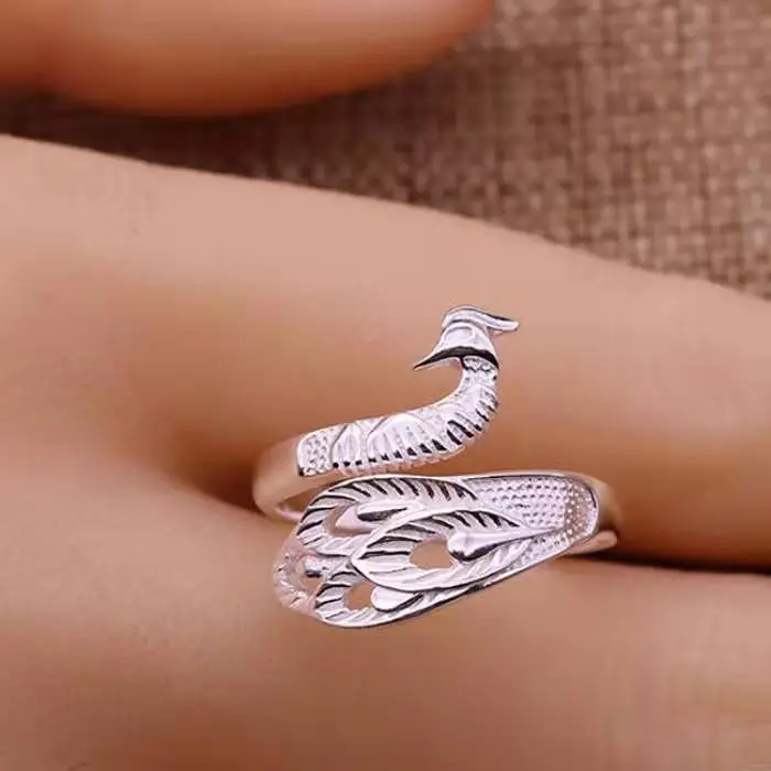 Blue Peacock Adjustable Silver Ring for Women - Image 5