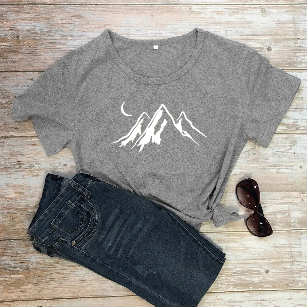 Gray T-Shirt Moon Mountain Print Short Sleeve - Image 10