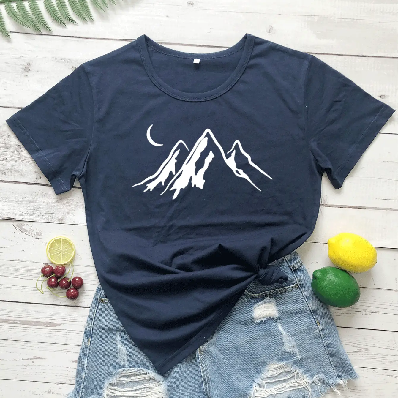 Gray T-Shirt Moon Mountain Print Short Sleeve - Image 11