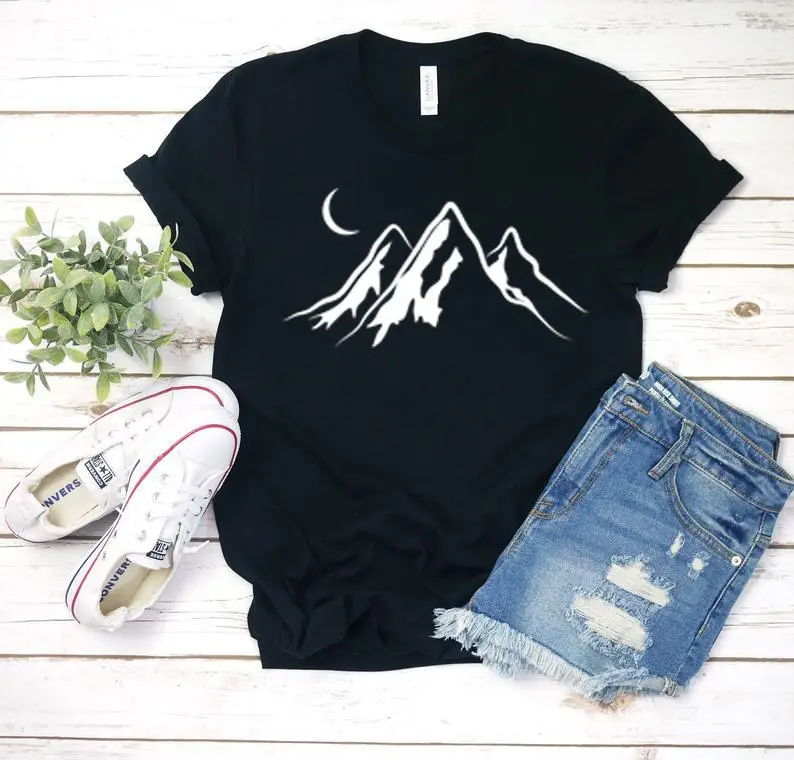 Gray T-Shirt Moon Mountain Print Short Sleeve - Image 2