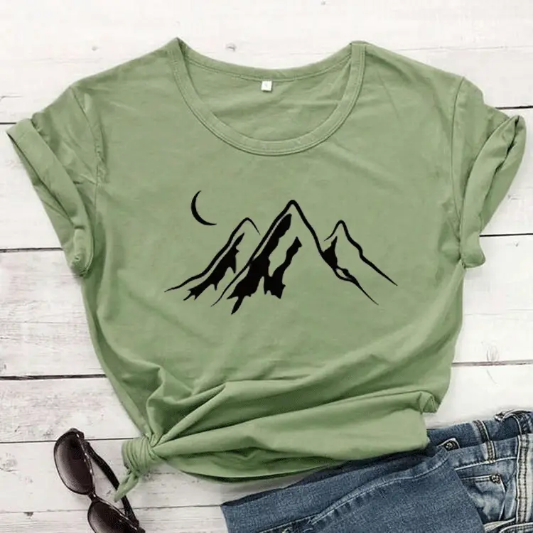 Gray T-Shirt Moon Mountain Print Short Sleeve - Image 4
