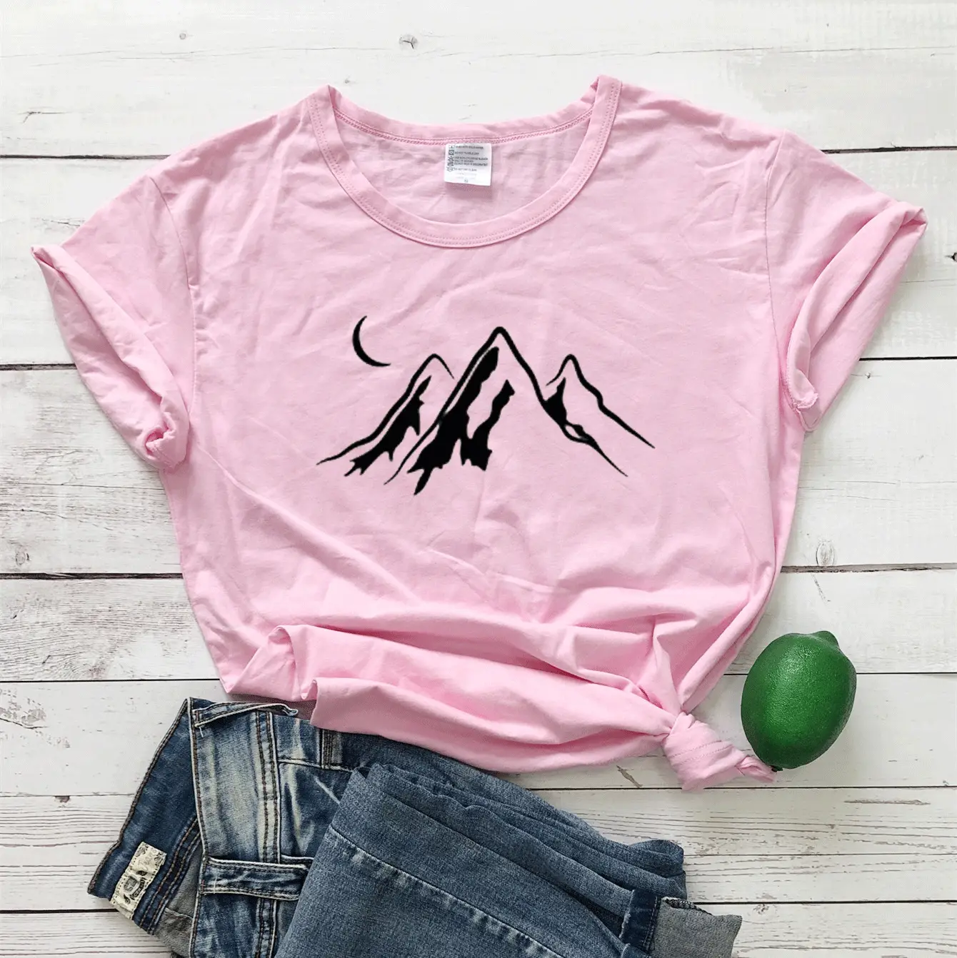 Gray T-Shirt Moon Mountain Print Short Sleeve - Image 6