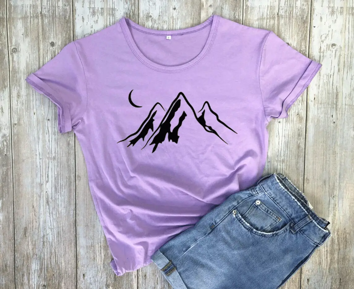 Gray T-Shirt Moon Mountain Print Short Sleeve - Image 8