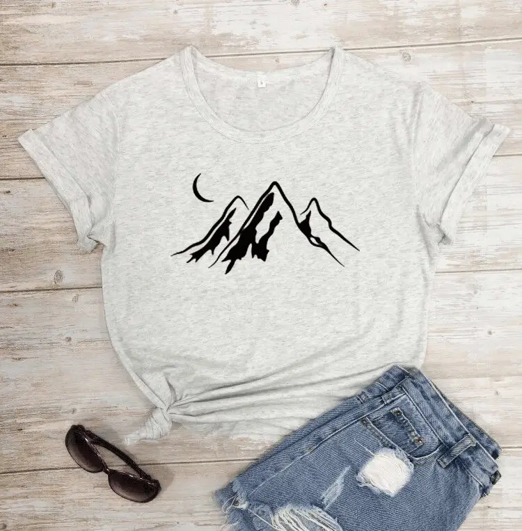 Gray T-Shirt Moon Mountain Print Short Sleeve - Image 9