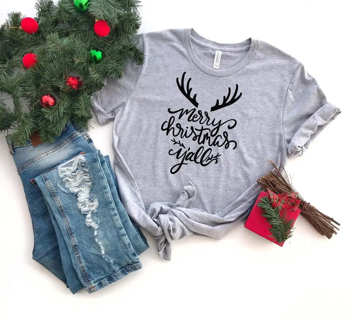 Merry Christmas T-shirt with Deer Antlers Design - Image 3