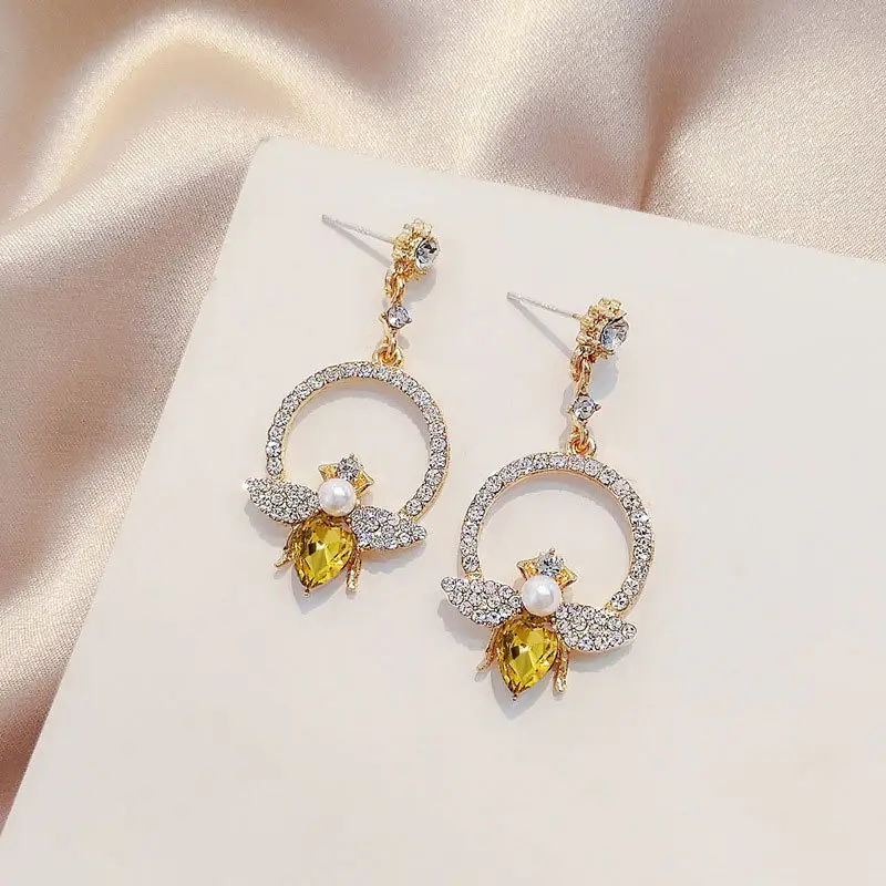 Korean Style Sweet Bee Earrings with Yellow Diamonds