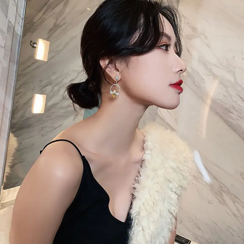 Korean Style Sweet Bee Earrings with Yellow Diamonds