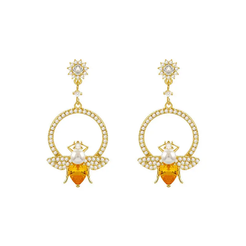 Korean Style Sweet Bee Earrings with Yellow Diamonds