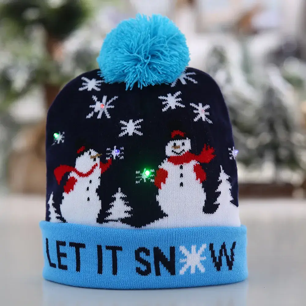Knitted Christmas Cap with Snowman Design & LED Lamp