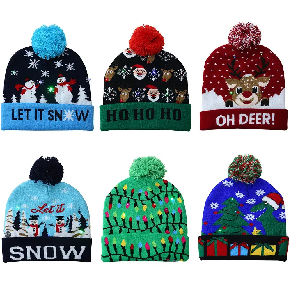 Knitted Christmas Cap with Snowman Design & LED Lamp