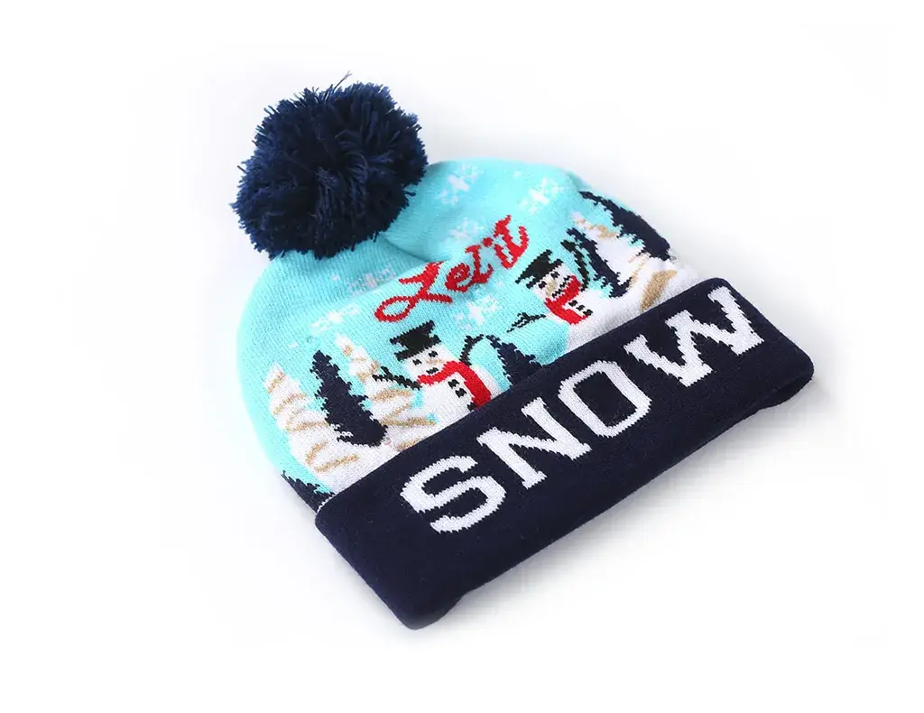 Knitted Christmas Cap with Snowman Design & LED Lamp