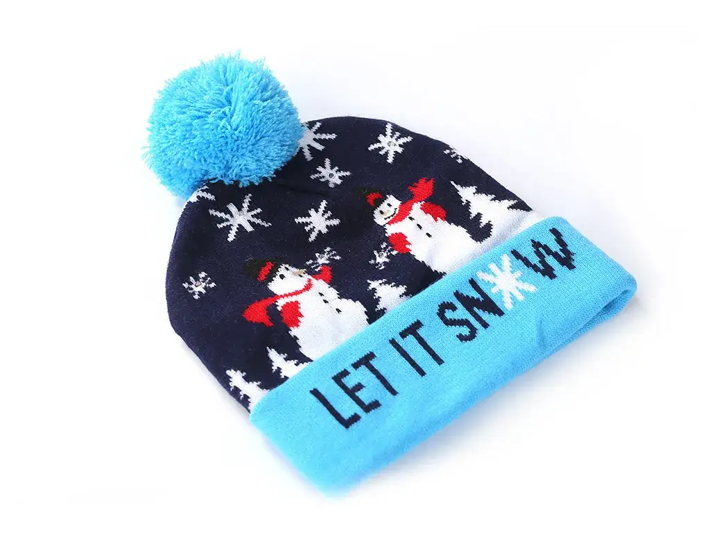 Knitted Christmas Cap with Snowman Design & LED Lamp