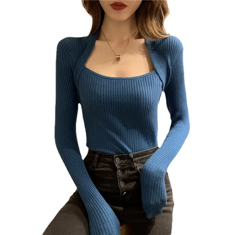 Women Knitted Square Collar Sweater Set Brown Multi Color - Image 9