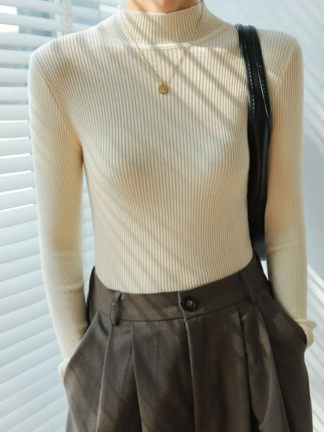 Women Knitted Half-High Collar Long Sleeve Top Beige - Image 11