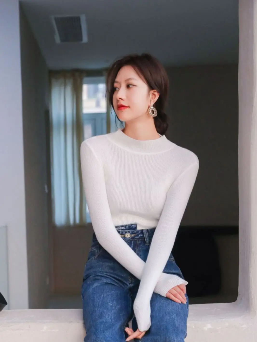 Women Knitted Half-High Collar Long Sleeve Top Beige - Image 12