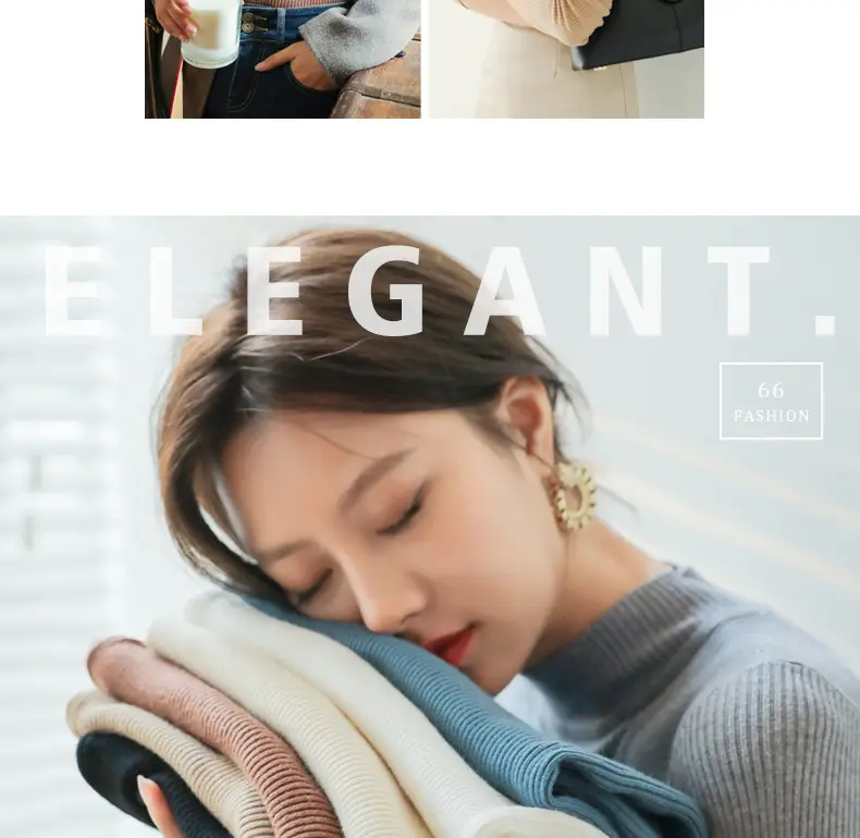 Women Knitted Half-High Collar Long Sleeve Top Beige — feature 10