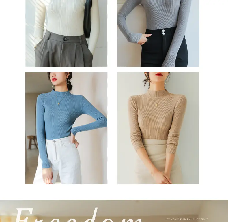 Women Knitted Half-High Collar Long Sleeve Top Beige — feature 13
