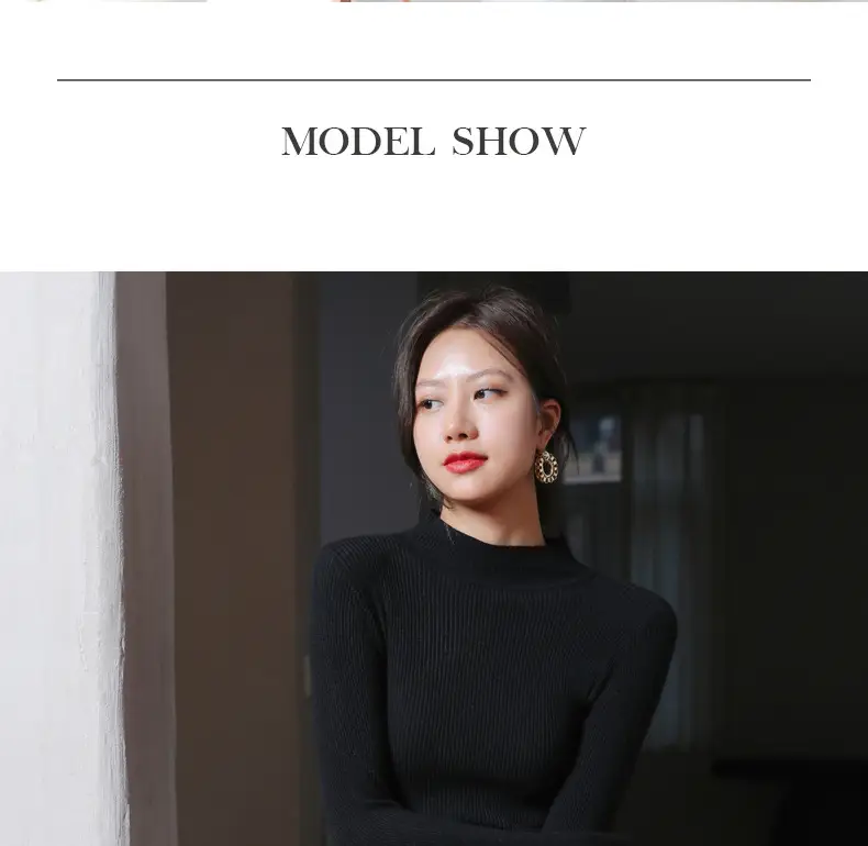 Women Knitted Half-High Collar Long Sleeve Top Beige — feature 18