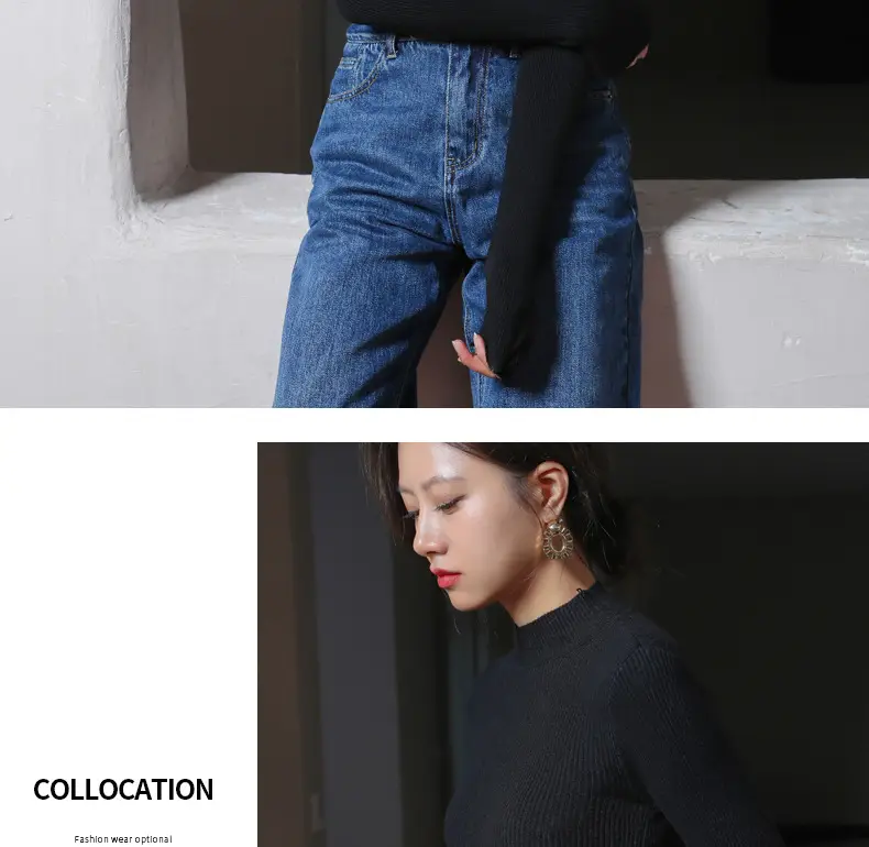 Women Knitted Half-High Collar Long Sleeve Top Beige — feature 19