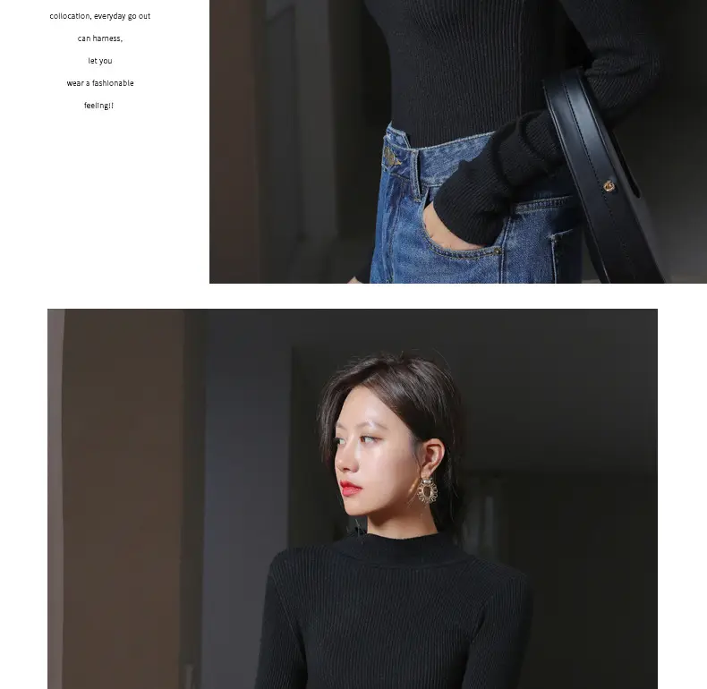 Women Knitted Half-High Collar Long Sleeve Top Beige — feature 20