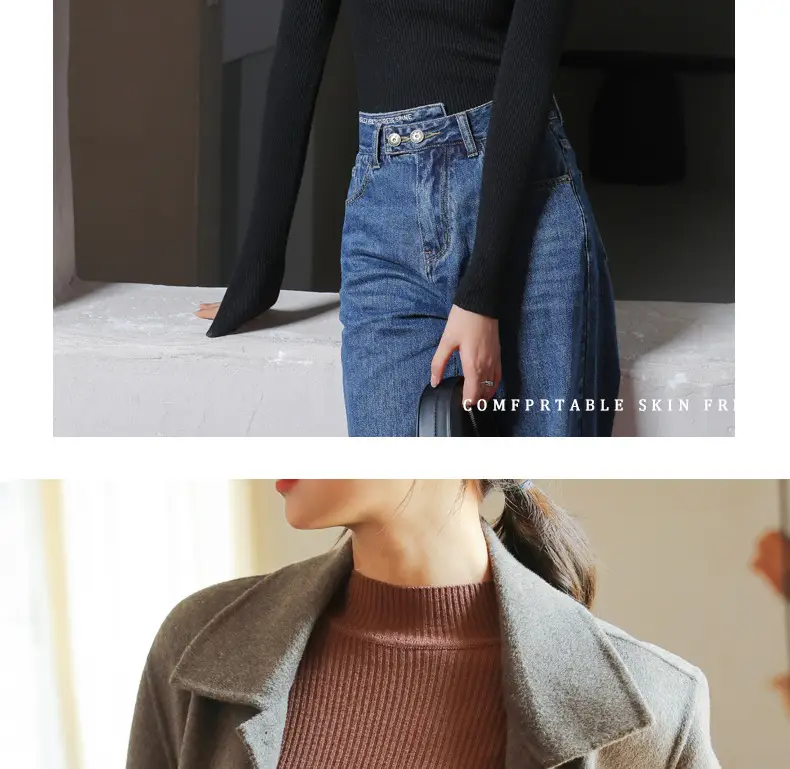 Women Knitted Half-High Collar Long Sleeve Top Beige — feature 21