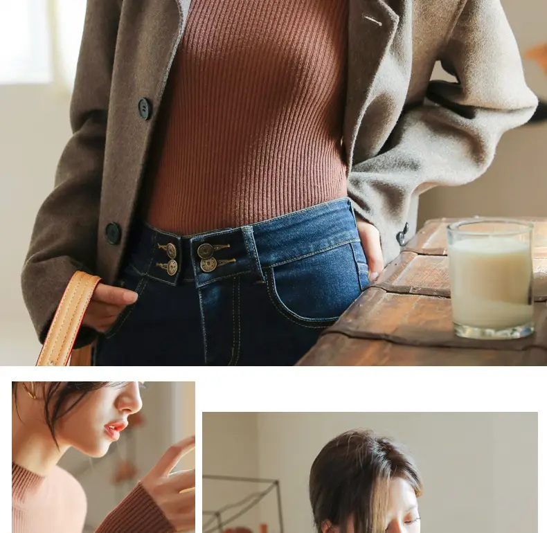 Women Knitted Half-High Collar Long Sleeve Top Beige — feature 22
