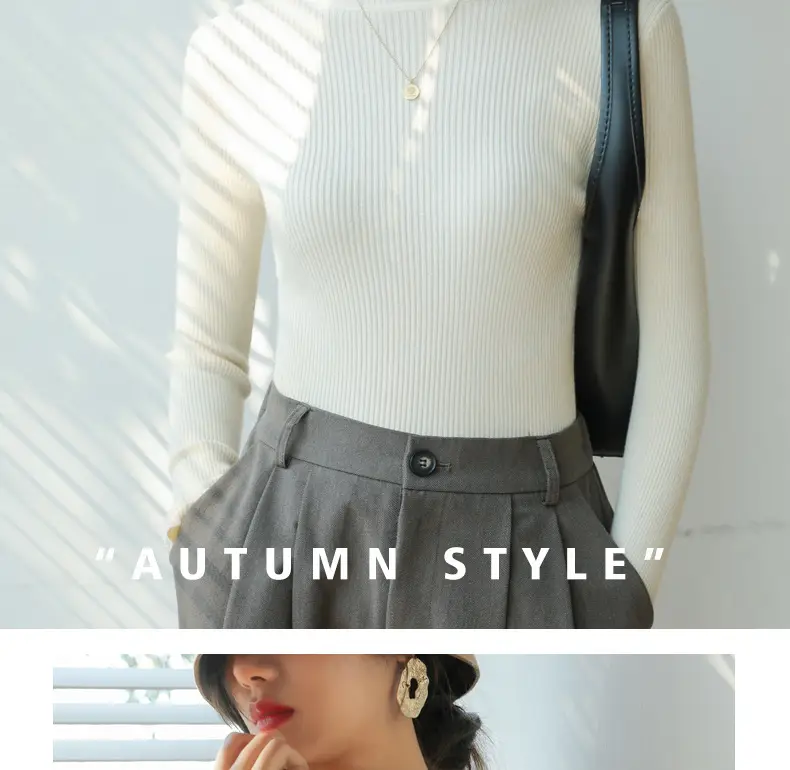 Women Knitted Half-High Collar Long Sleeve Top Beige — feature 24