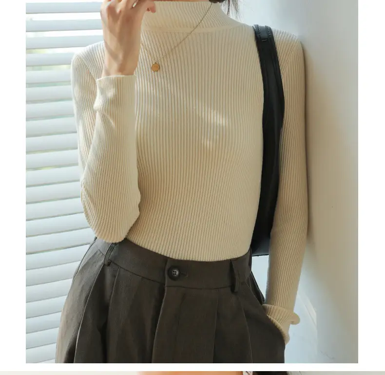 Women Knitted Half-High Collar Long Sleeve Top Beige — feature 25