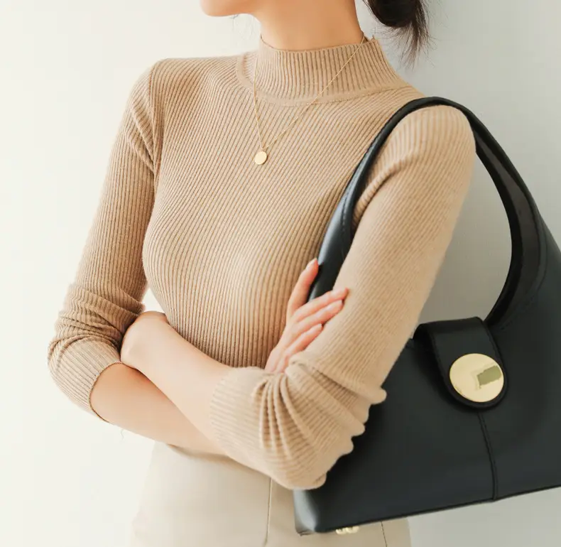 Women Knitted Half-High Collar Long Sleeve Top Beige — feature 26