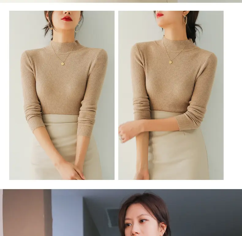 Women Knitted Half-High Collar Long Sleeve Top Beige — feature 27