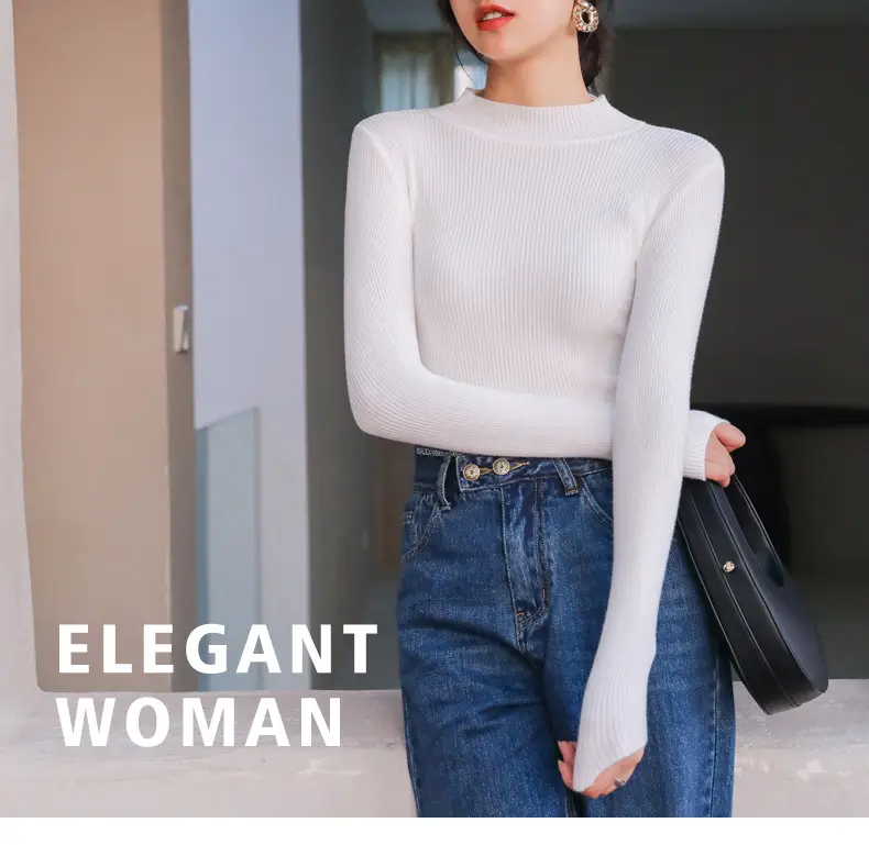 Women Knitted Half-High Collar Long Sleeve Top Beige — feature 28