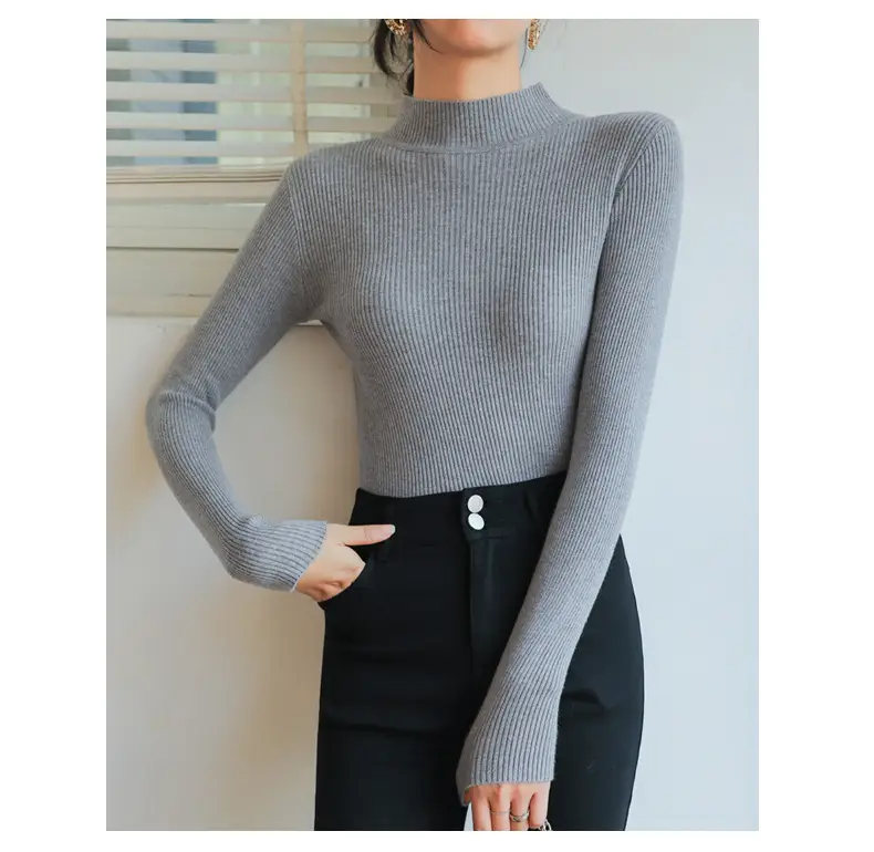 Women Knitted Half-High Collar Long Sleeve Top Beige — feature 29