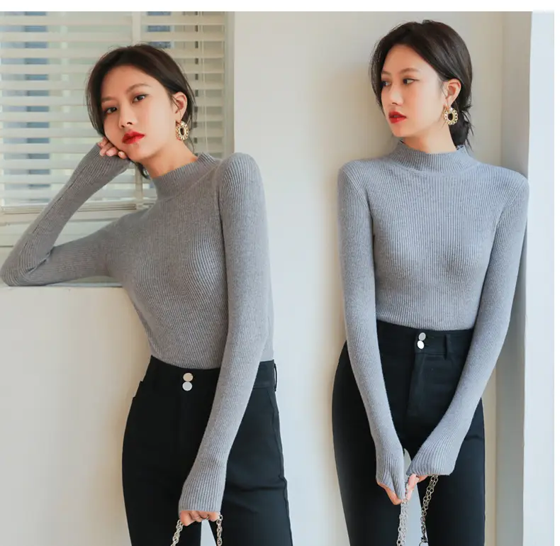 Women Knitted Half-High Collar Long Sleeve Top Beige — feature 30