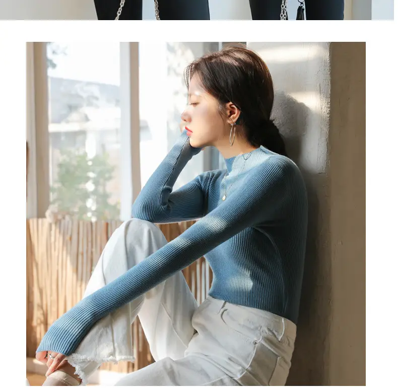 Women Knitted Half-High Collar Long Sleeve Top Beige — feature 31