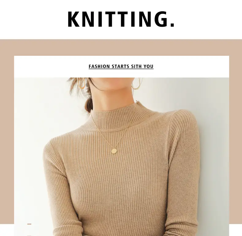 Women Knitted Half-High Collar Long Sleeve Top Beige — feature 4