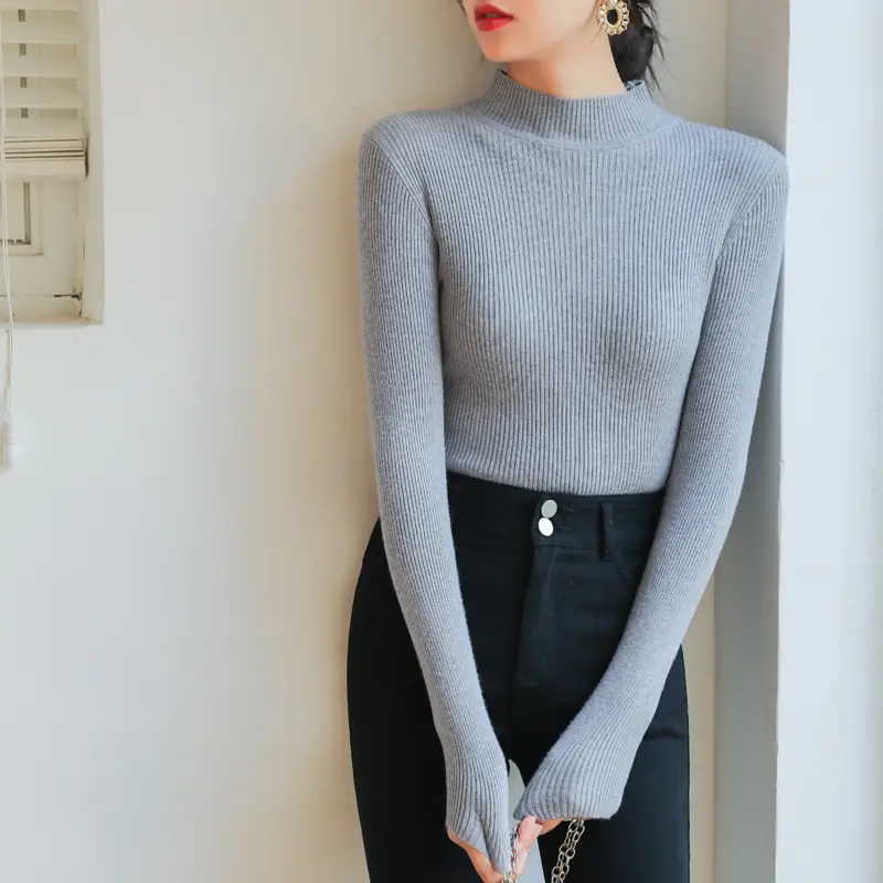 Women Knitted Half-High Collar Long Sleeve Top Beige - Image 2