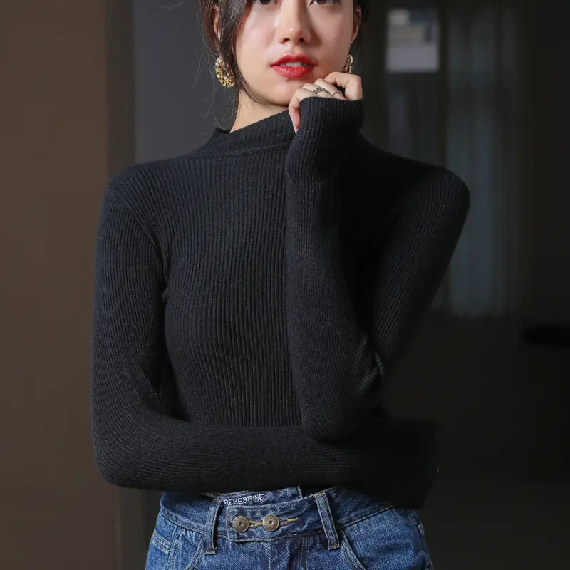Women Knitted Half-High Collar Long Sleeve Top Beige - Image 3