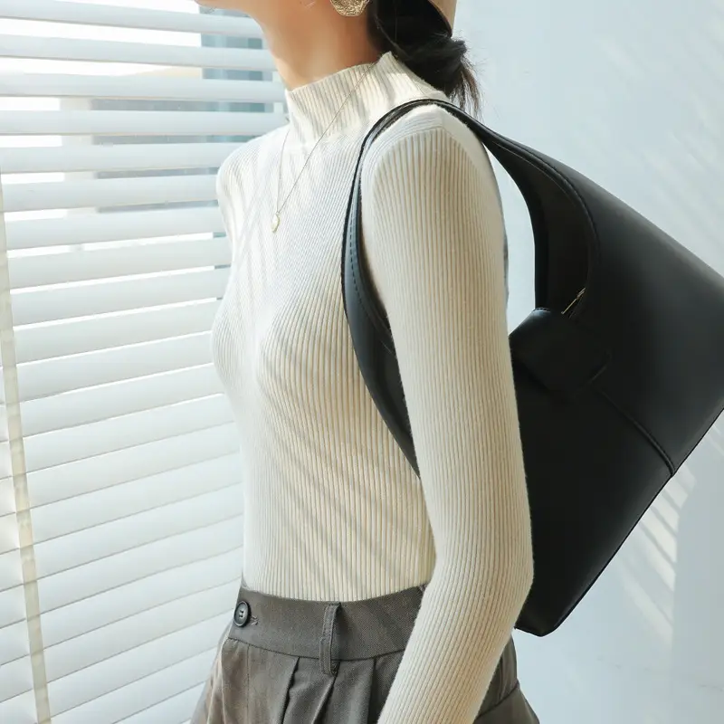 Women Knitted Half-High Collar Long Sleeve Top Beige - Image 4