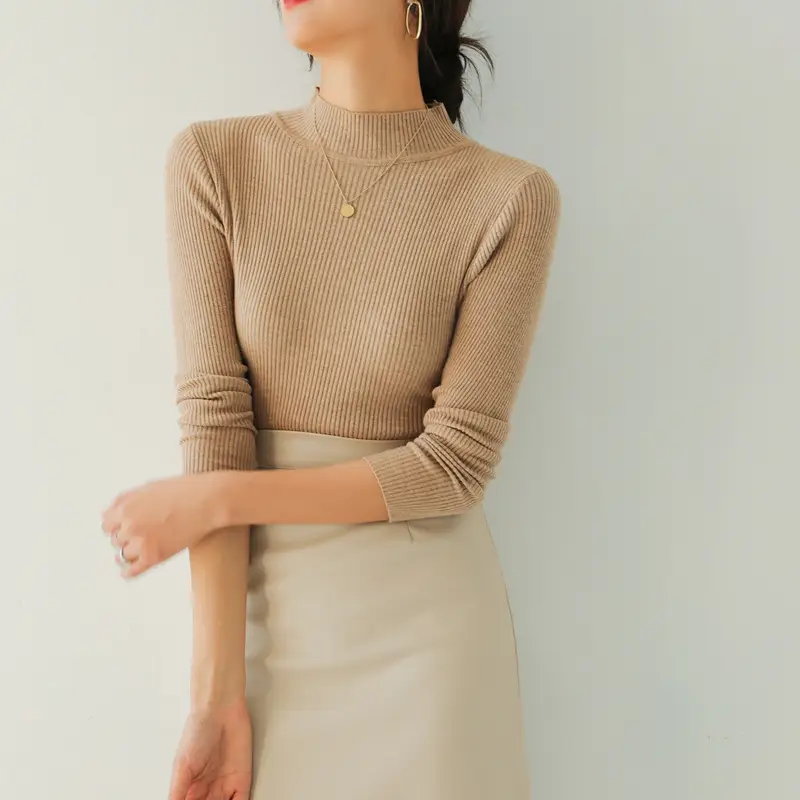 Women Knitted Half-High Collar Long Sleeve Top Beige - Image 6
