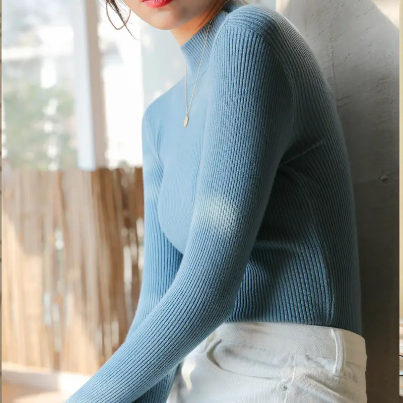 Women Knitted Half-High Collar Long Sleeve Top Beige - Image 7