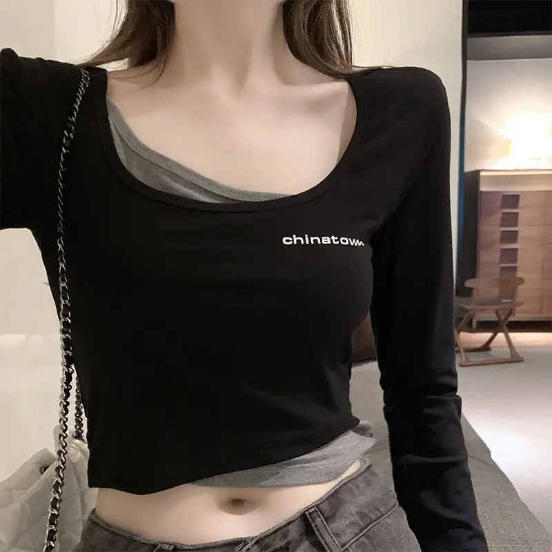 Autumn Black Fake Two-Piece Top with High Waist & Square Collar - Image 3