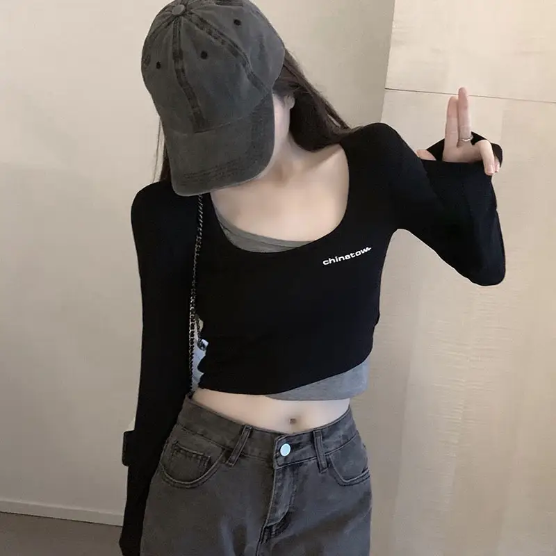 Autumn Black Fake Two-Piece Top with High Waist & Square Collar - Image 4