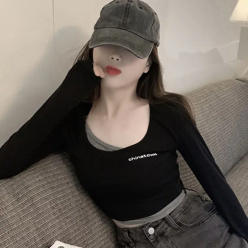 Autumn Black Fake Two-Piece Top with High Waist & Square Collar - Image 5