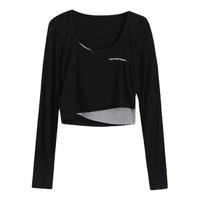 Autumn Black Fake Two-Piece Top with High Waist & Square Collar - Image 7
