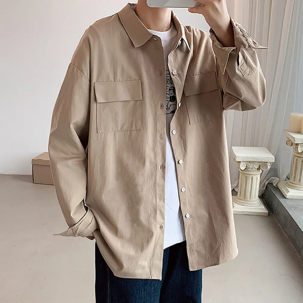 Men Long Sleeve Cotton Shirt Olive Green Plus Size - Image 7