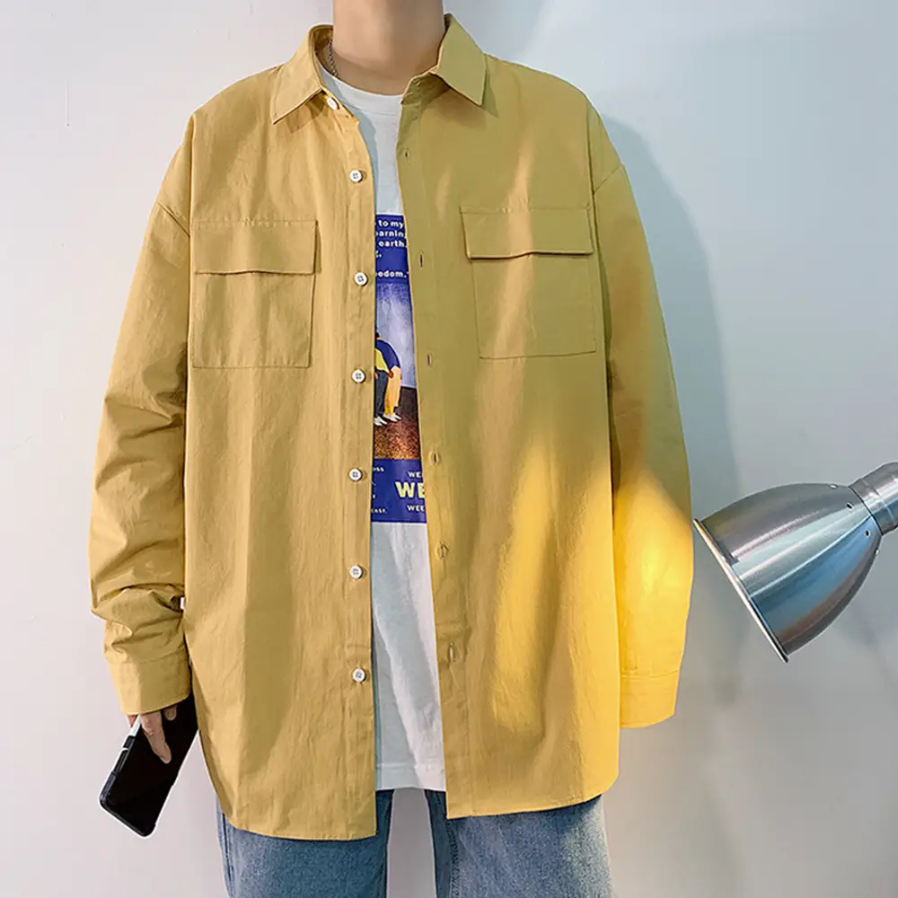 Men Long Sleeve Cotton Shirt Olive Green Plus Size - Image 4
