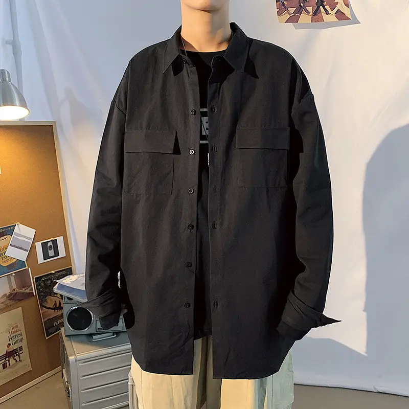 Men Long Sleeve Cotton Shirt Olive Green Plus Size - Image 2