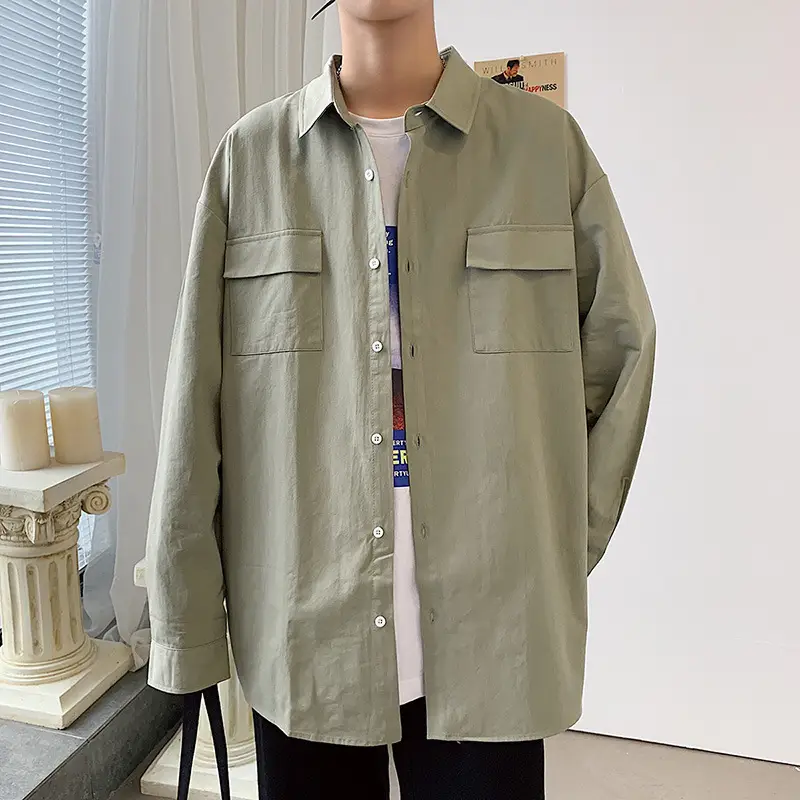 Men Long Sleeve Cotton Shirt Olive Green Plus Size - Image 6